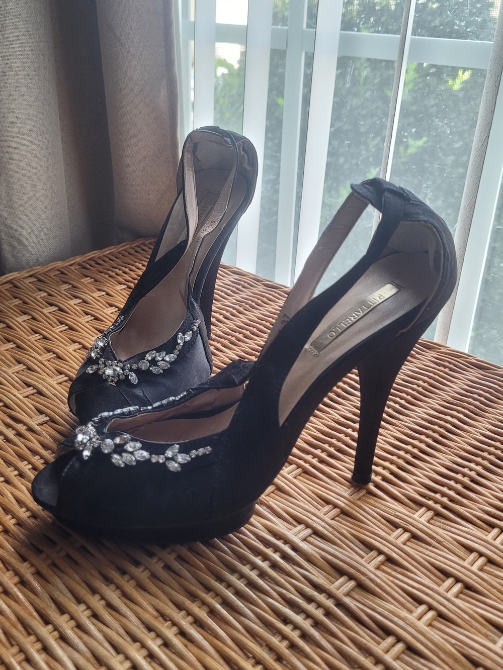 Black Embellished Peep-Toe High Heels with Crystal Detail - Women's